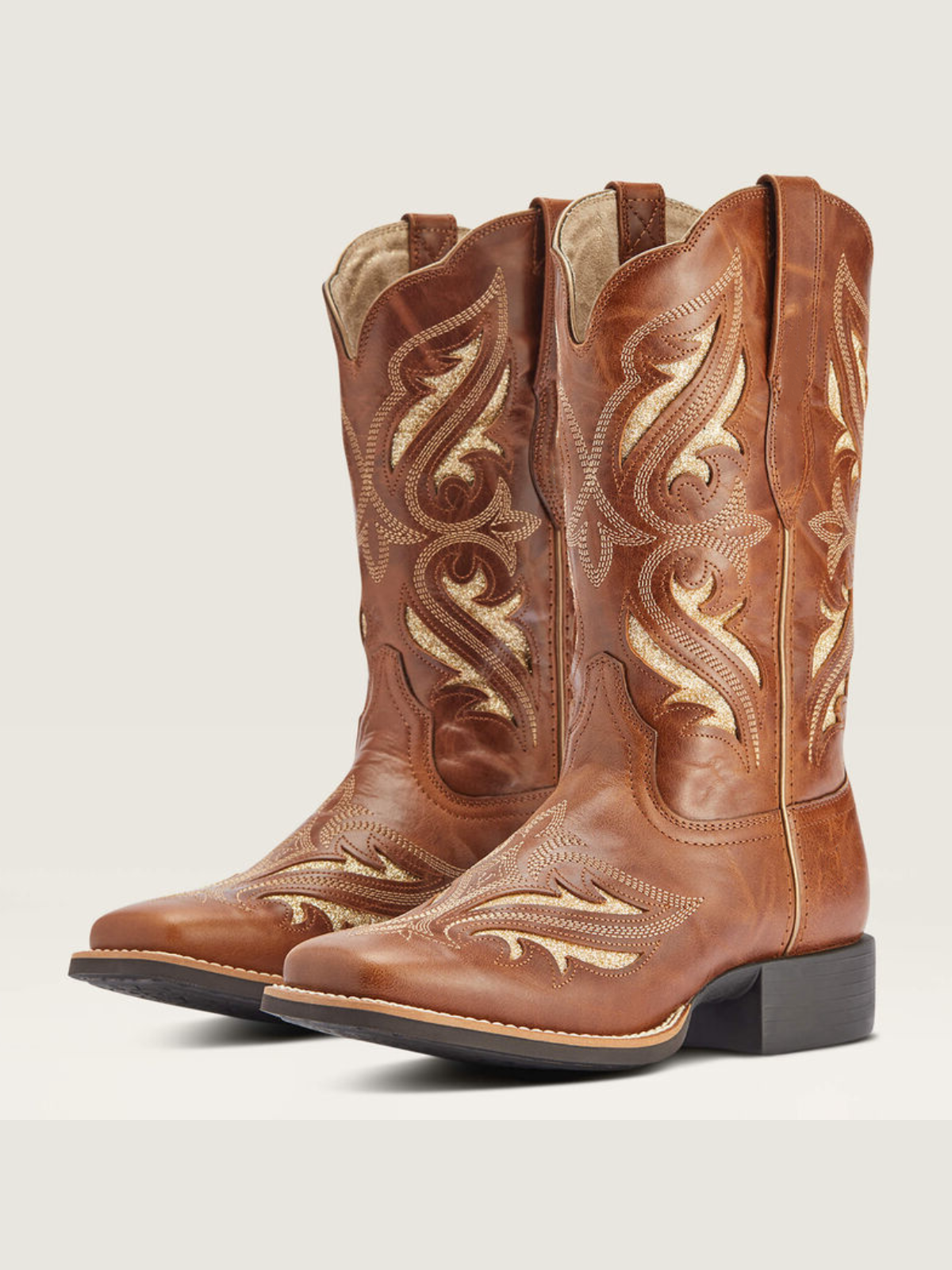 Dark Tan Square-Toe Inlay With Glitter Embroidery Wide Mid Calf Cowgirl Boots