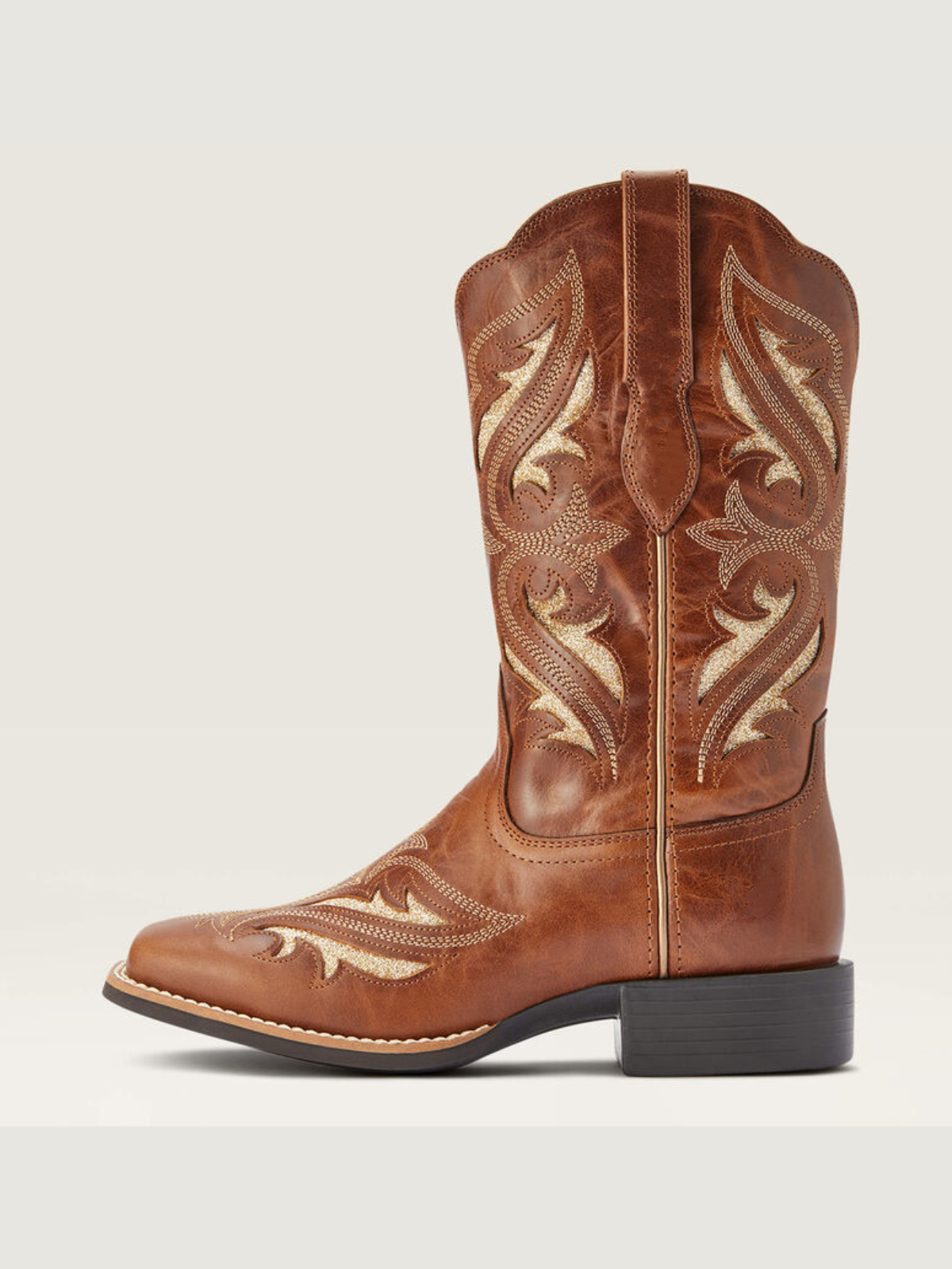 Dark Tan Square-Toe Inlay With Glitter Embroidery Wide Mid Calf Cowgirl Boots