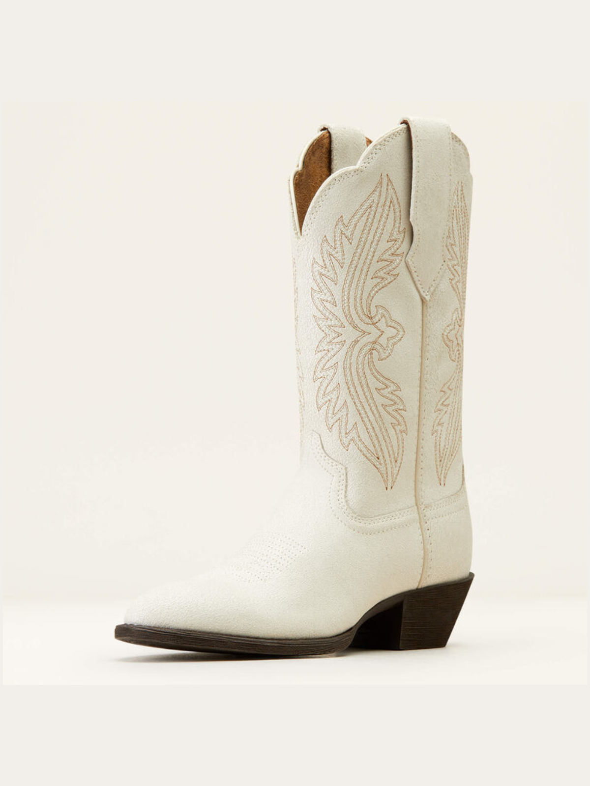 Distressed Ivory Embroidery Almond-Toe Wide Mid Calf Cowgirl Boots