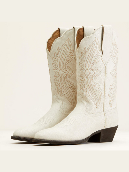 Distressed Ivory Embroidery Almond-Toe Wide Mid Calf Cowgirl Boots