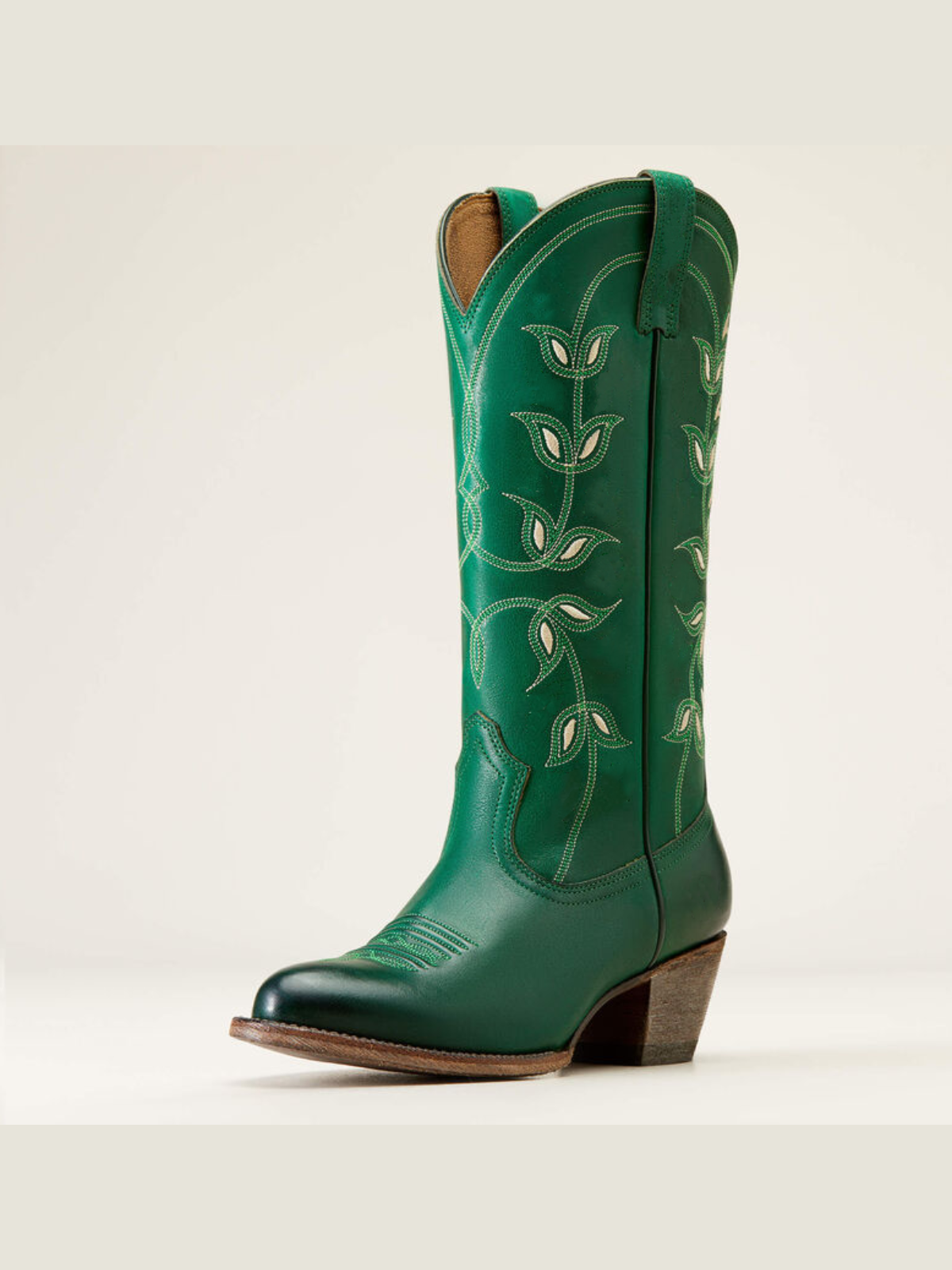 Green Floral Embroidery Almond-Toe Wide Mid Calf Cowgirl Tall Boots