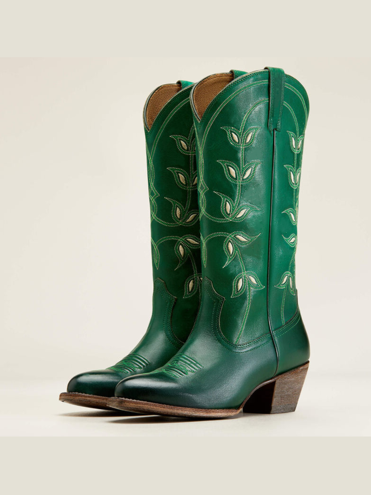 Green Floral Embroidery Almond-Toe Wide Mid Calf Cowgirl Tall Boots