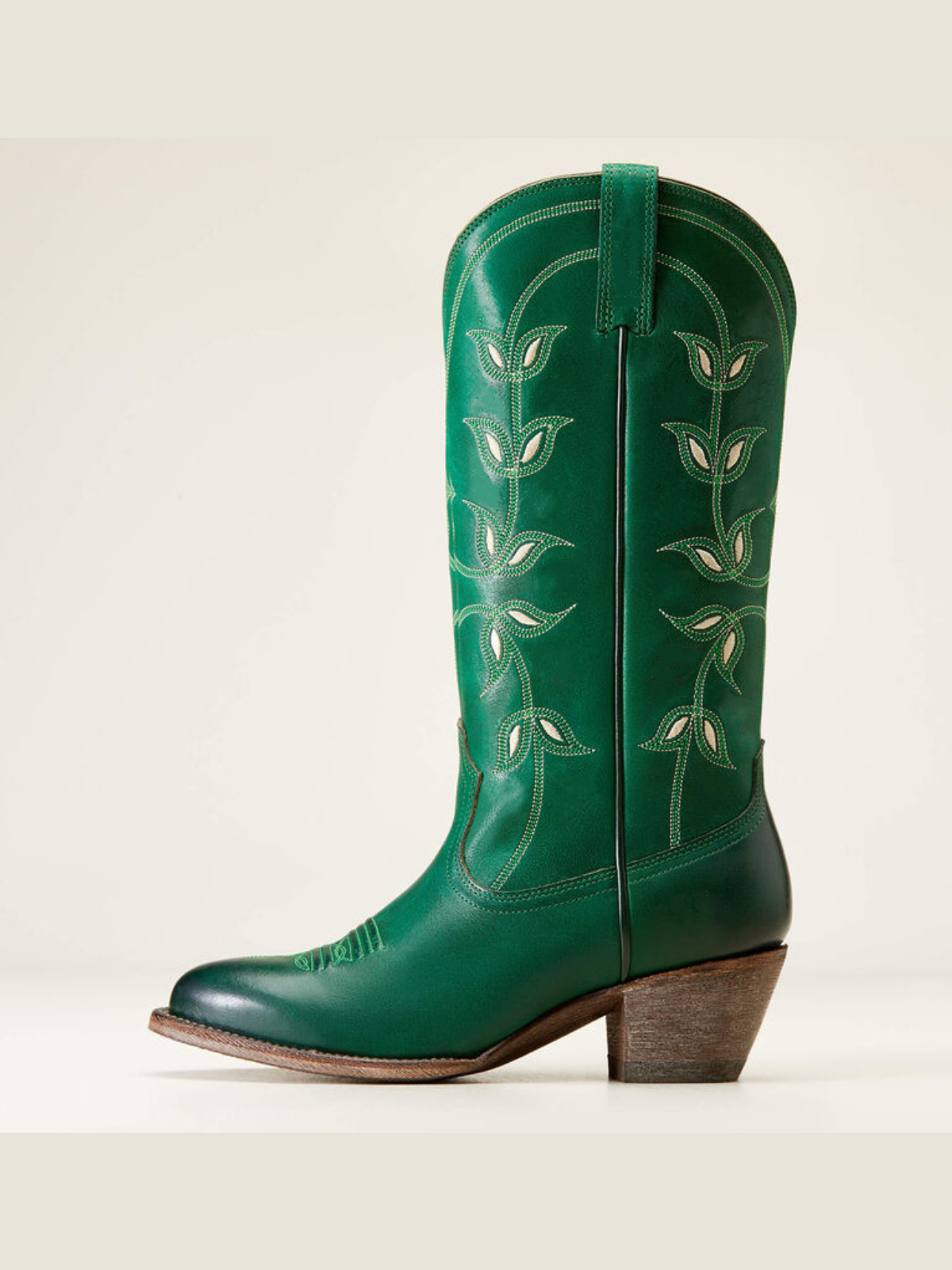 Green Floral Embroidery Almond-Toe Wide Mid Calf Cowgirl Tall Boots