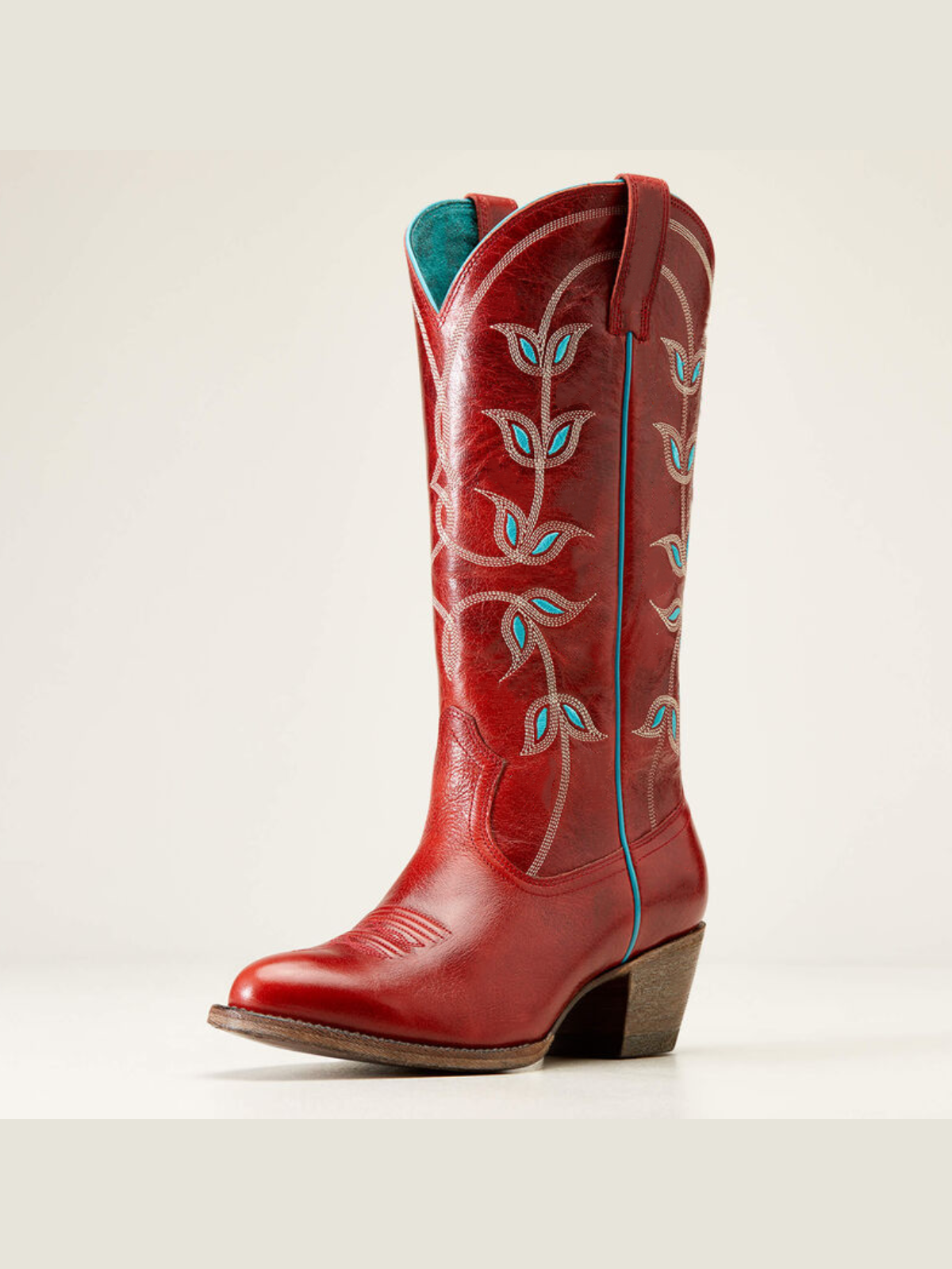 Flame Red Floral Embroidery Almond-Toe Wide Mid Calf Cowgirl Tall Boots