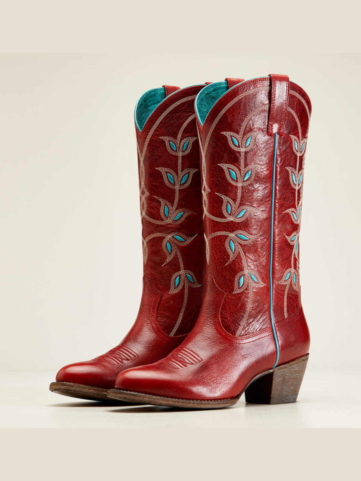 Flame Red Floral Embroidery Almond-Toe Wide Mid Calf Cowgirl Tall Boots