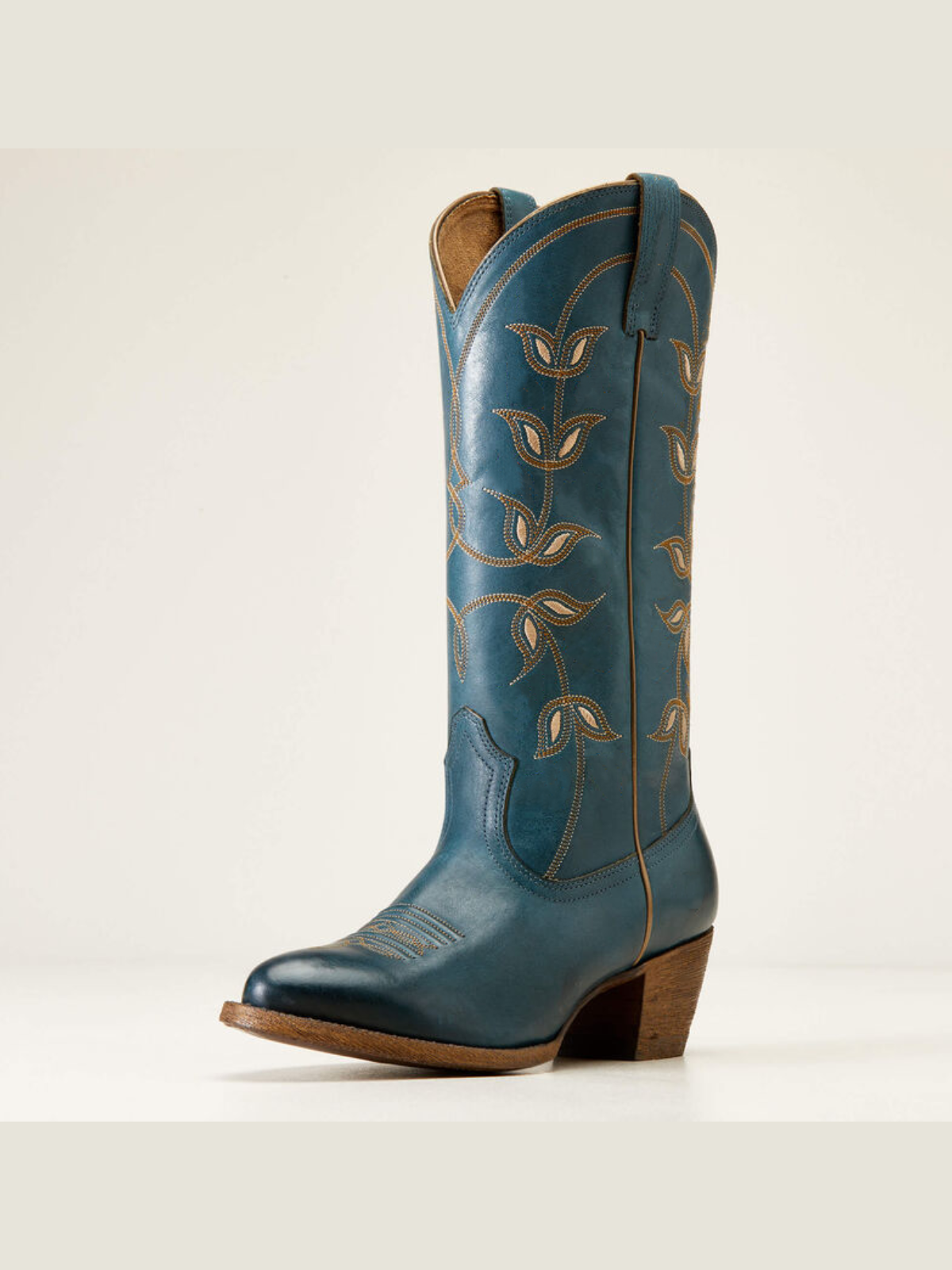 Blue Floral Embroidery Almond-Toe Wide Mid Calf Cowgirl Tall Boots