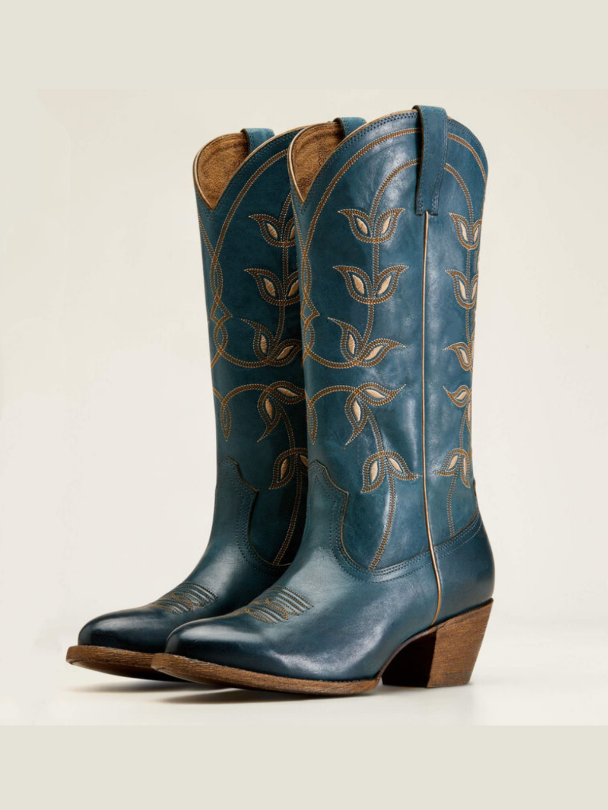 Blue Floral Embroidery Almond-Toe Wide Mid Calf Cowgirl Tall Boots