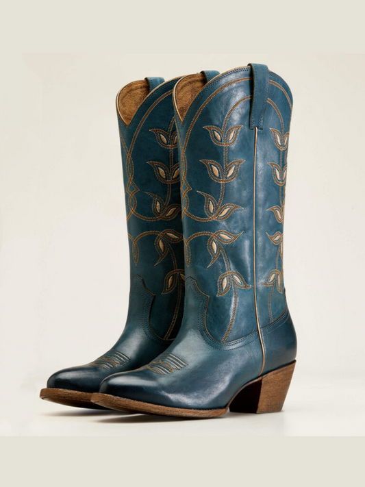 Blue Floral Embroidery Almond-Toe Mid Calf Cowgirl Boots