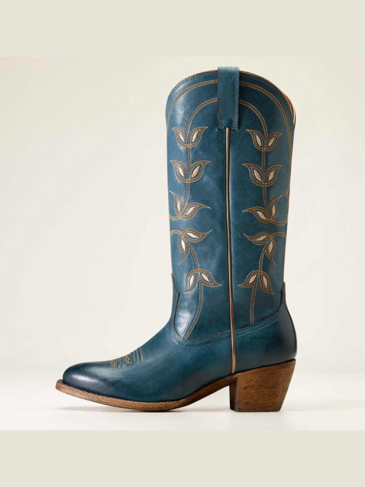 Blue Floral Embroidery Almond-Toe Wide Mid Calf Cowgirl Tall Boots