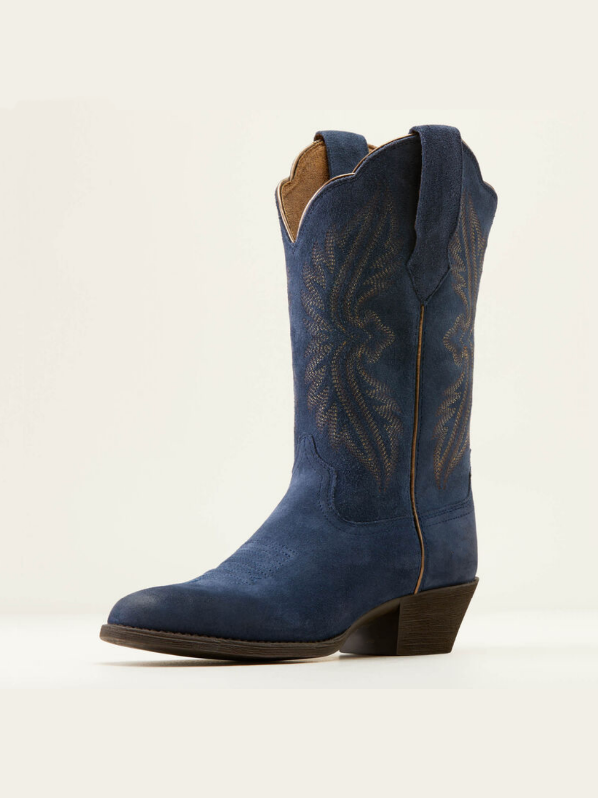 Navy Blue Faux Suede Embroidery Almond-Toe Wide Mid Calf Cowgirl Boots