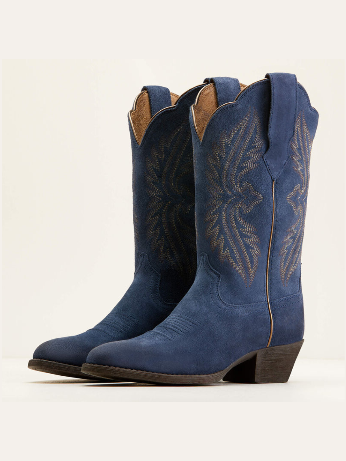 Navy Blue Faux Suede Embroidery Almond-Toe Wide Mid Calf Cowgirl Boots