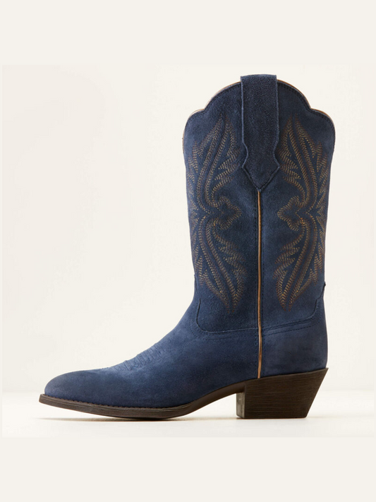 Navy Blue Faux Suede Embroidery Almond-Toe Wide Mid Calf Cowgirl Boots