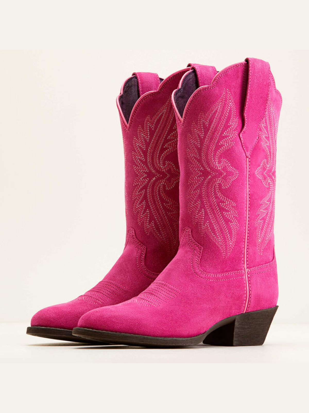 Pink Faux Suede Embroidery Almond-Toe Wide Mid Calf Cowgirl Boots