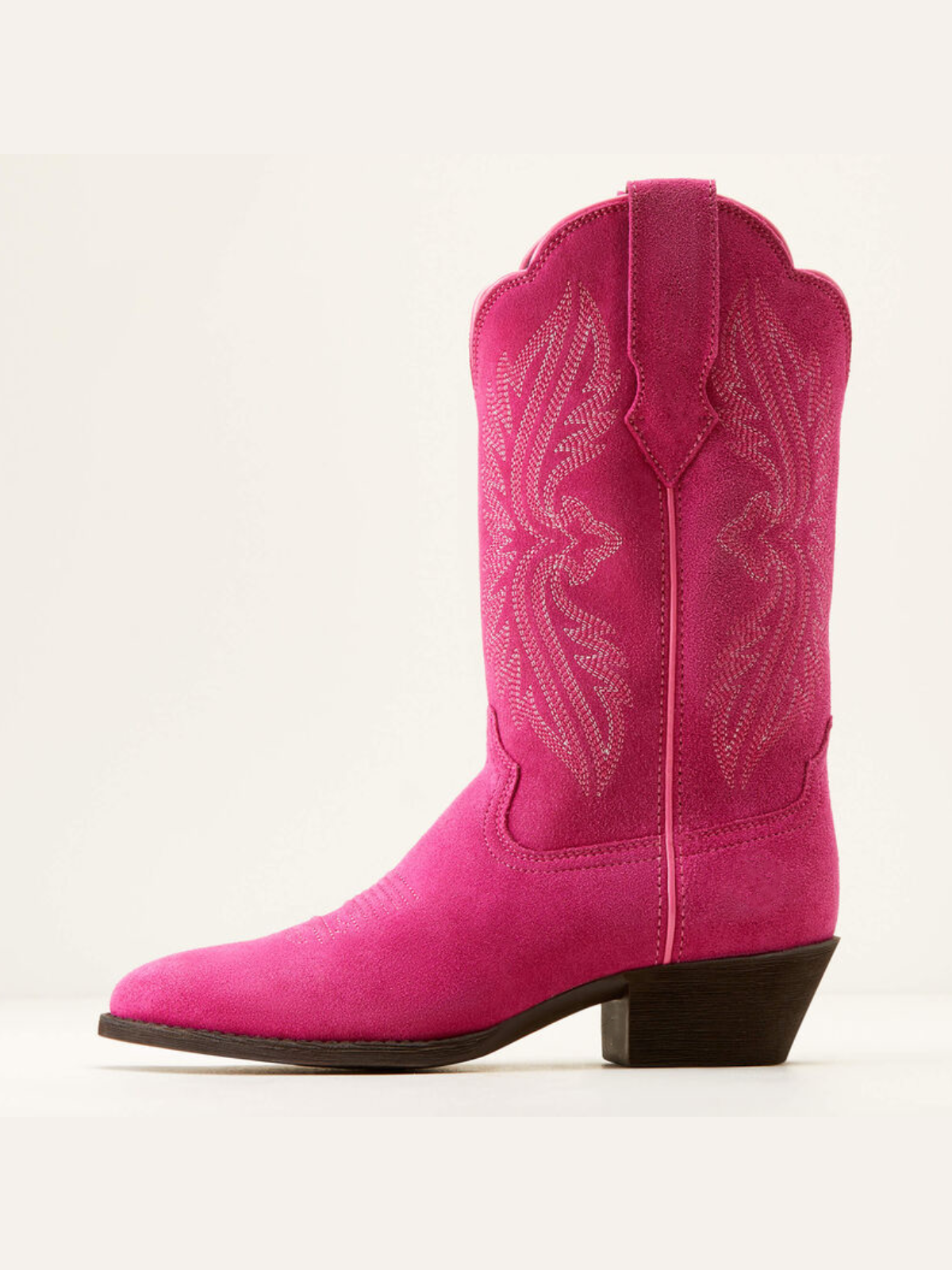 Pink Faux Suede Embroidery Almond-Toe Wide Mid Calf Cowgirl Boots