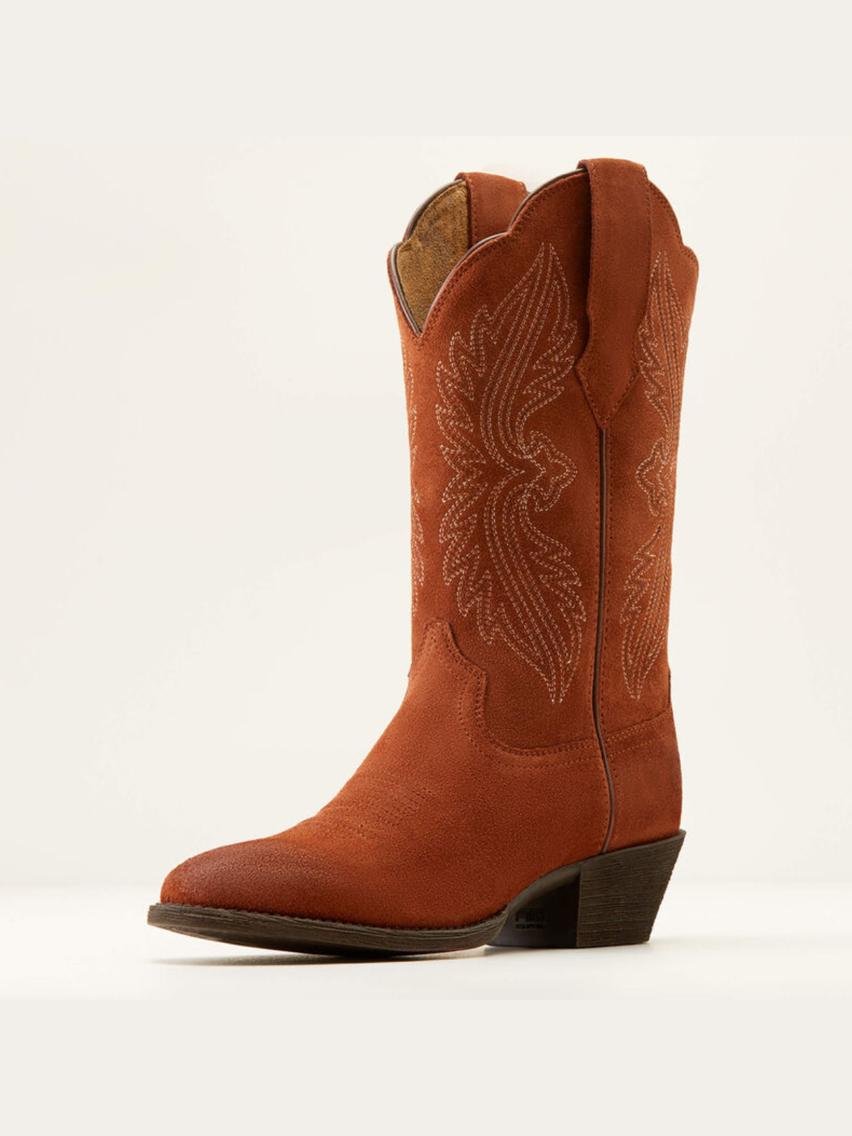 Brown Faux Suede Embroidery Almond-Toe Wide Mid Calf Cowgirl Boots