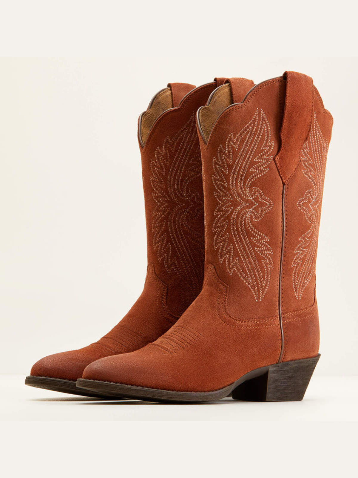 Brown Faux Suede Embroidery Almond-Toe Wide Mid Calf Cowgirl Boots