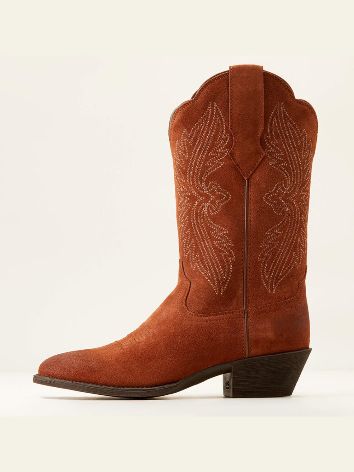 Brown Faux Suede Embroidery Almond-Toe Wide Mid Calf Cowgirl Boots