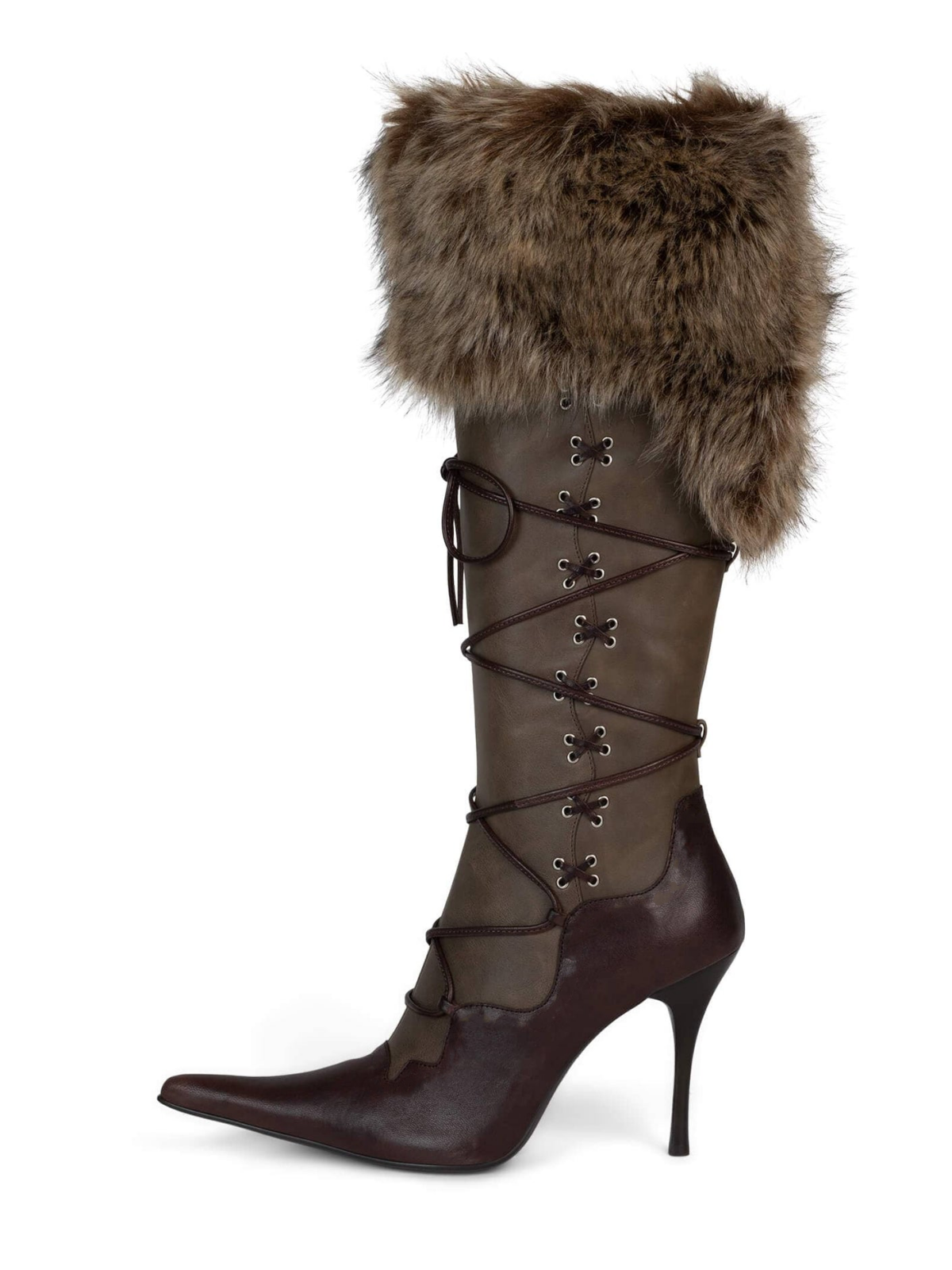 Contrast Black And Brown Full-Zip Mid Calf Stiletto Boots With Lace-Up And Plush Collar