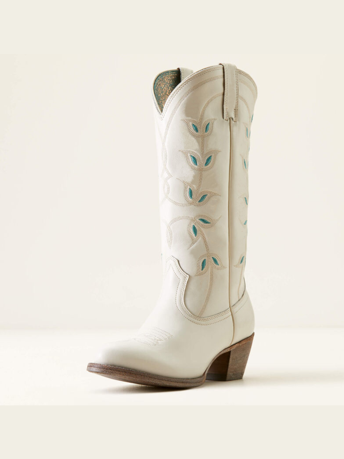 Cream Floral Embroidery Almond-Toe Wide Mid Calf Cowgirl Tall Boots