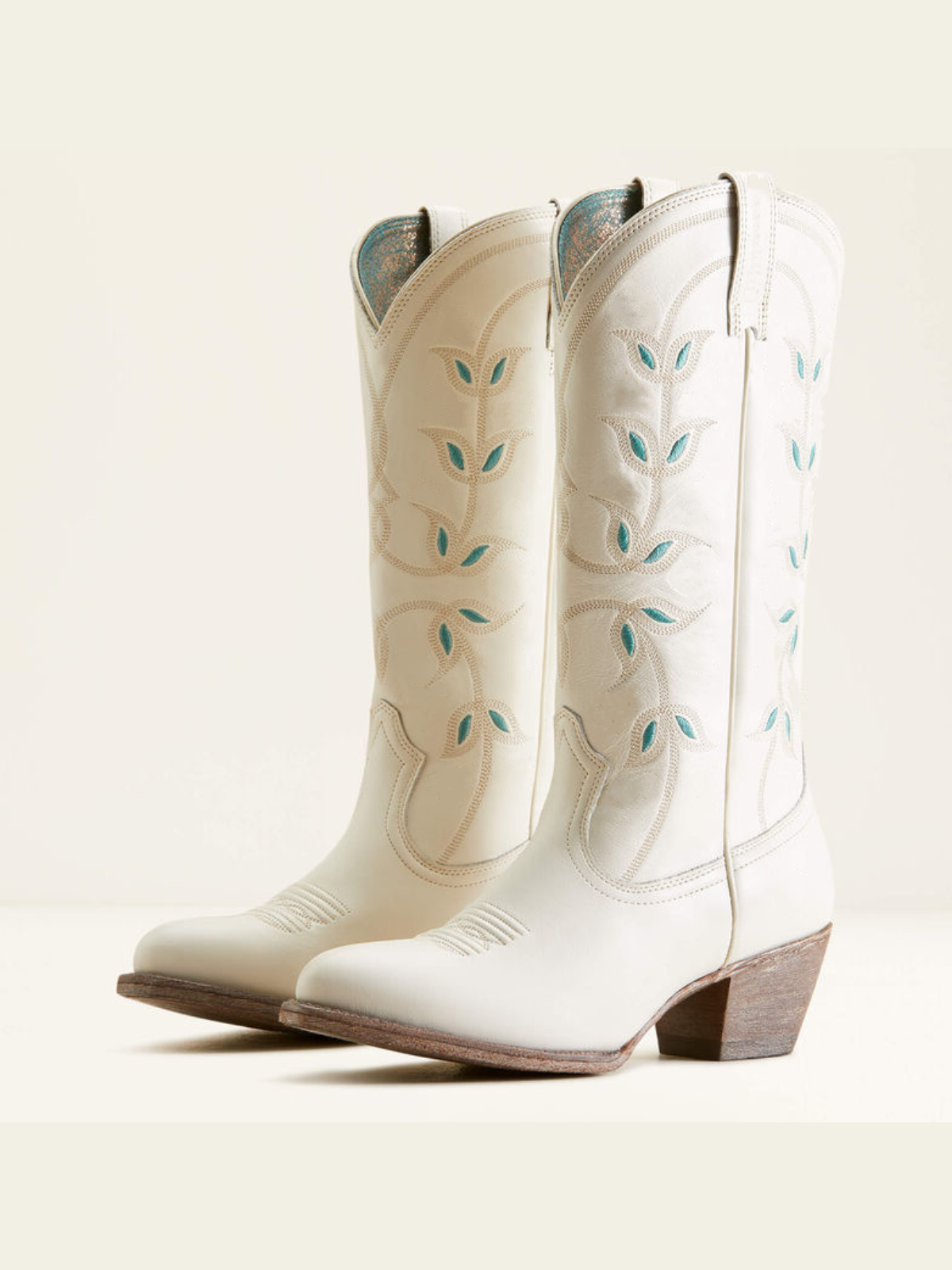 Cream Floral Embroidery Almond-Toe Wide Mid Calf Cowgirl Tall Boots