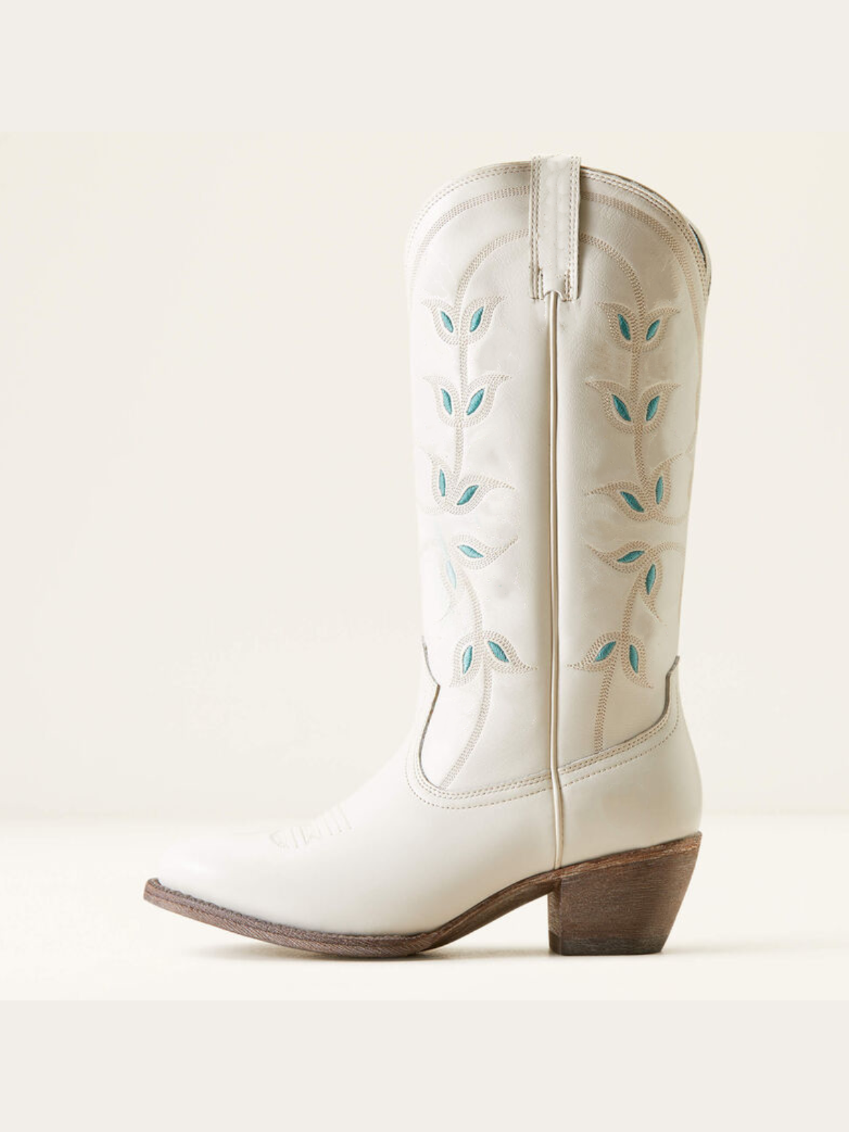 Cream Floral Embroidery Almond-Toe Wide Mid Calf Cowgirl Tall Boots