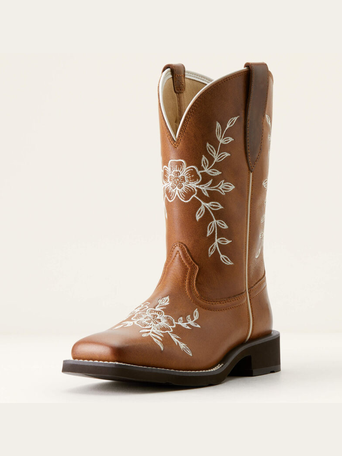 Brown Square-Toe Floral And Leaf Embroidery Wide Mid Calf Cowgirl Boots