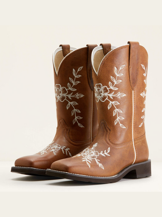 Brown Square-Toe Floral And Leaf Embroidery Wide Mid Calf Cowgirl Boots