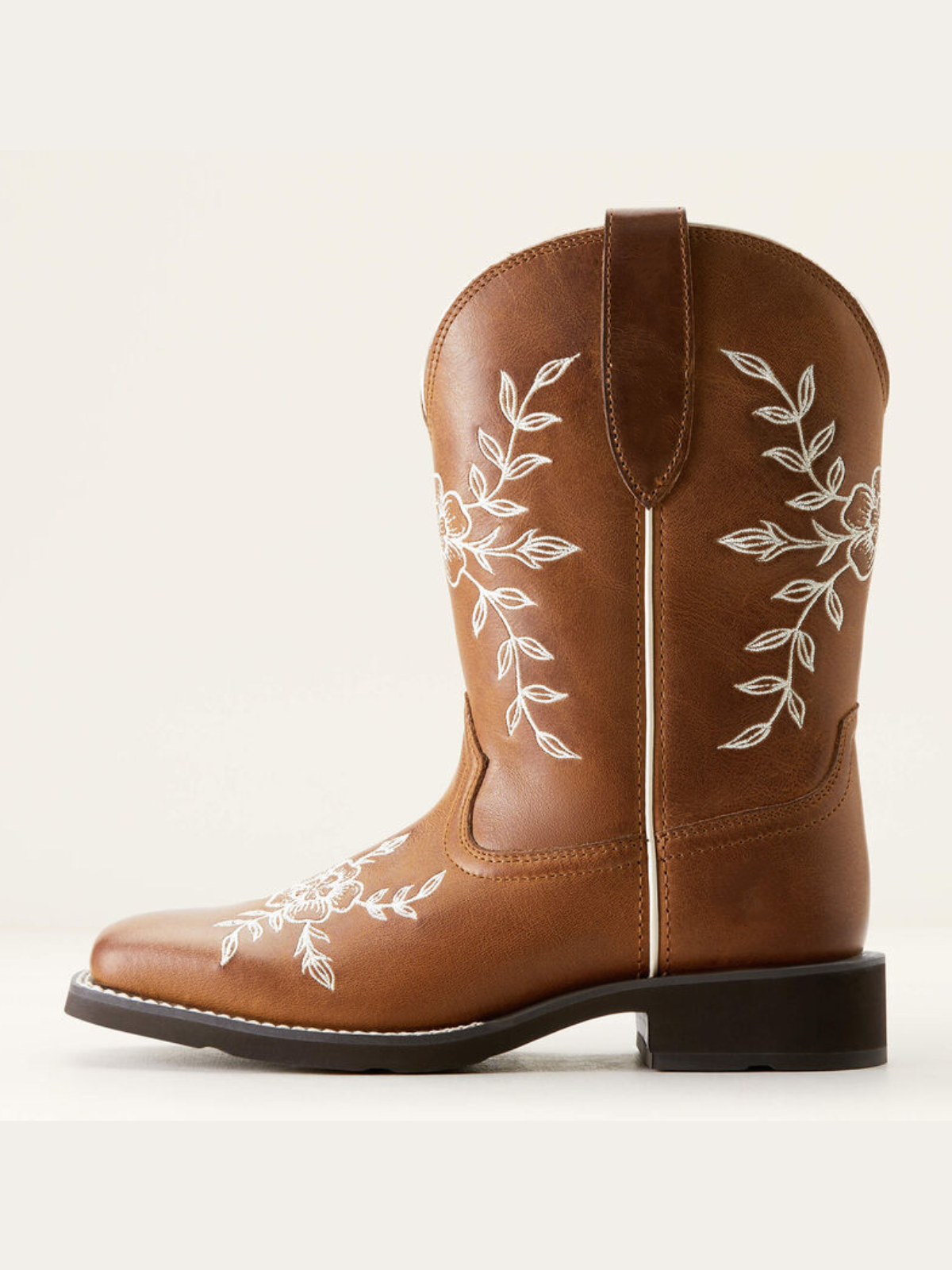 Brown Square-Toe Floral And Leaf Embroidery Wide Mid Calf Cowgirl Boots