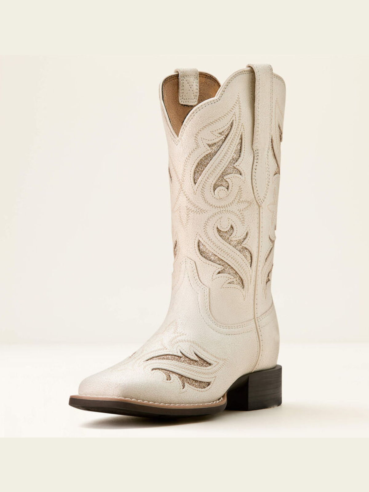 Ivory Square-Toe Inlay With Glitter Embroidery Wide Mid Calf Cowgirl Boots