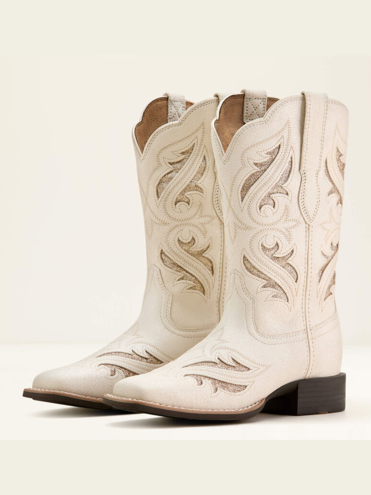 Ivory Square-Toe Inlay With Glitter Embroidery Wide Mid Calf Cowgirl Boots