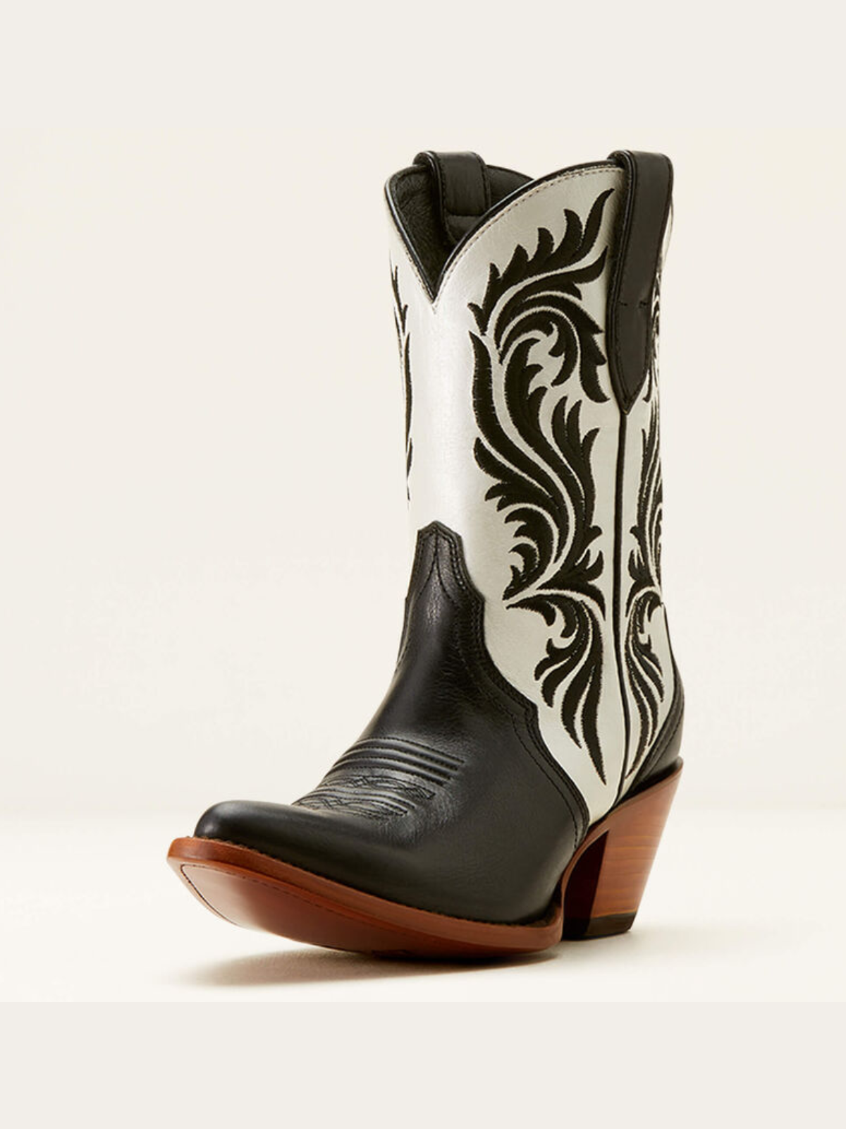 Contrast Black And Ivory Almond-Toe Embroidery Wide Mid Calf Cowgirl Boots