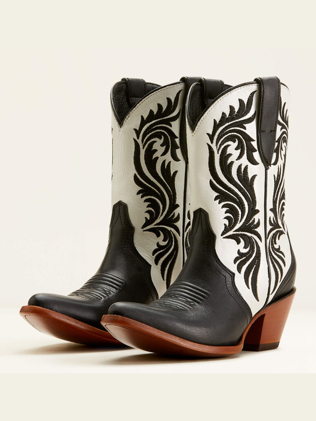 Contrast Black And Ivory Almond-Toe Embroidery Wide Mid Calf Cowgirl Boots