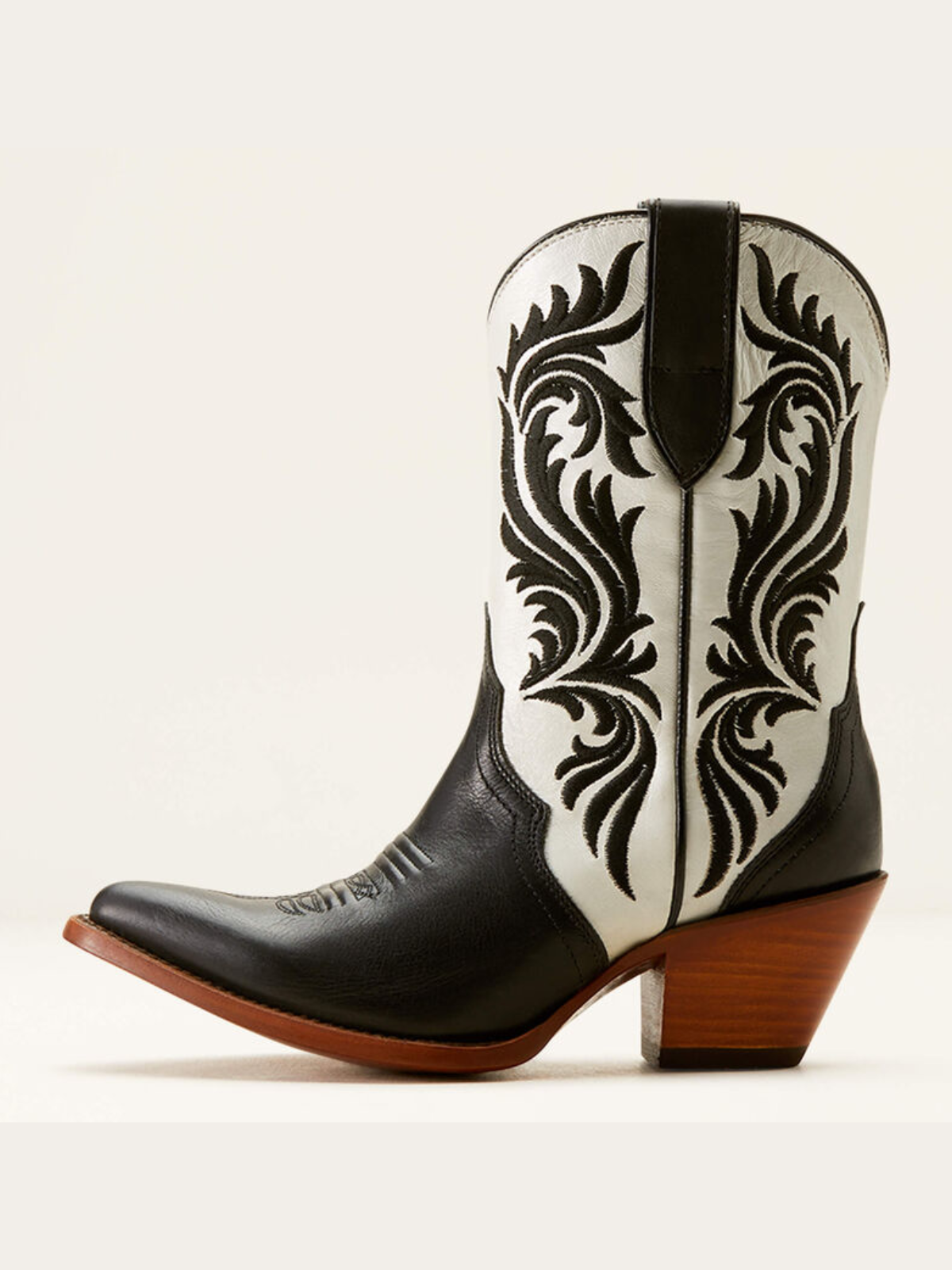 Contrast Black And Ivory Almond-Toe Embroidery Wide Mid Calf Cowgirl Boots