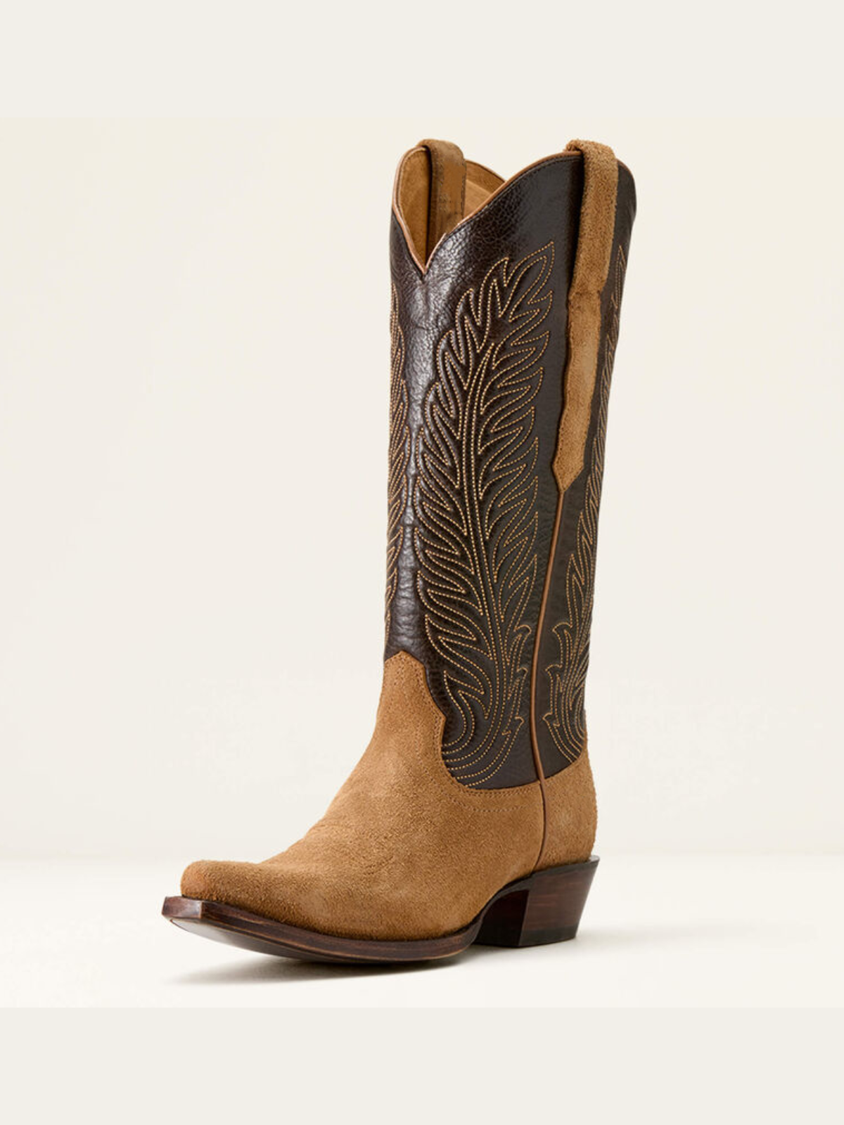 Tan Faux Suede And Coffee Vegan Leather Snip-Toe Leaf Embroidery Wide Mid Calf Cowgirl Boots