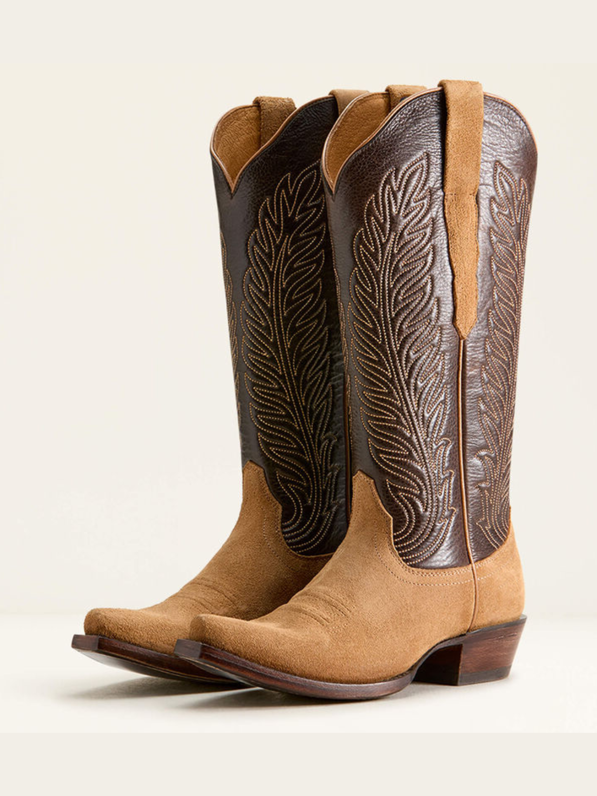 Tan Faux Suede And Coffee Vegan Leather Snip-Toe Leaf Embroidery Wide Mid Calf Cowgirl Boots