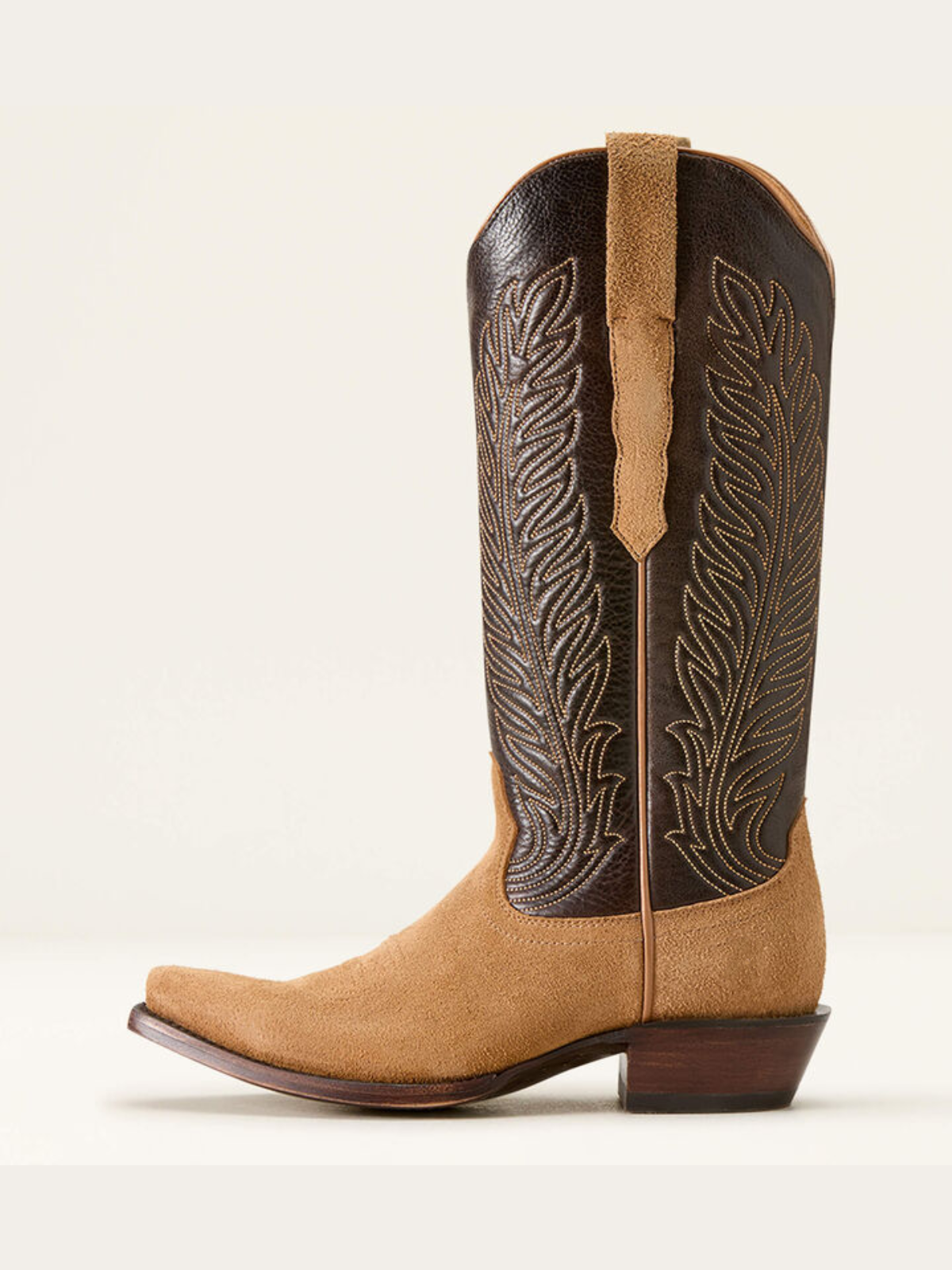 Tan Faux Suede And Coffee Vegan Leather Snip-Toe Leaf Embroidery Wide Mid Calf Cowgirl Boots