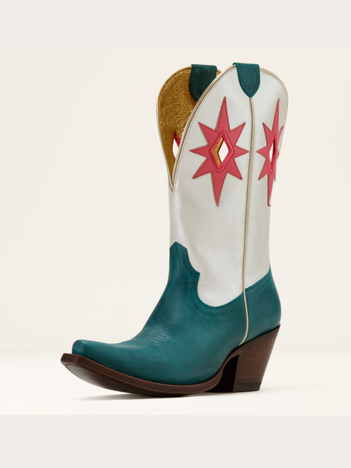 Star Applique Cut-Out Wide Mid Calf Cowgirl Boots - Contrast Turquoise And Ivory