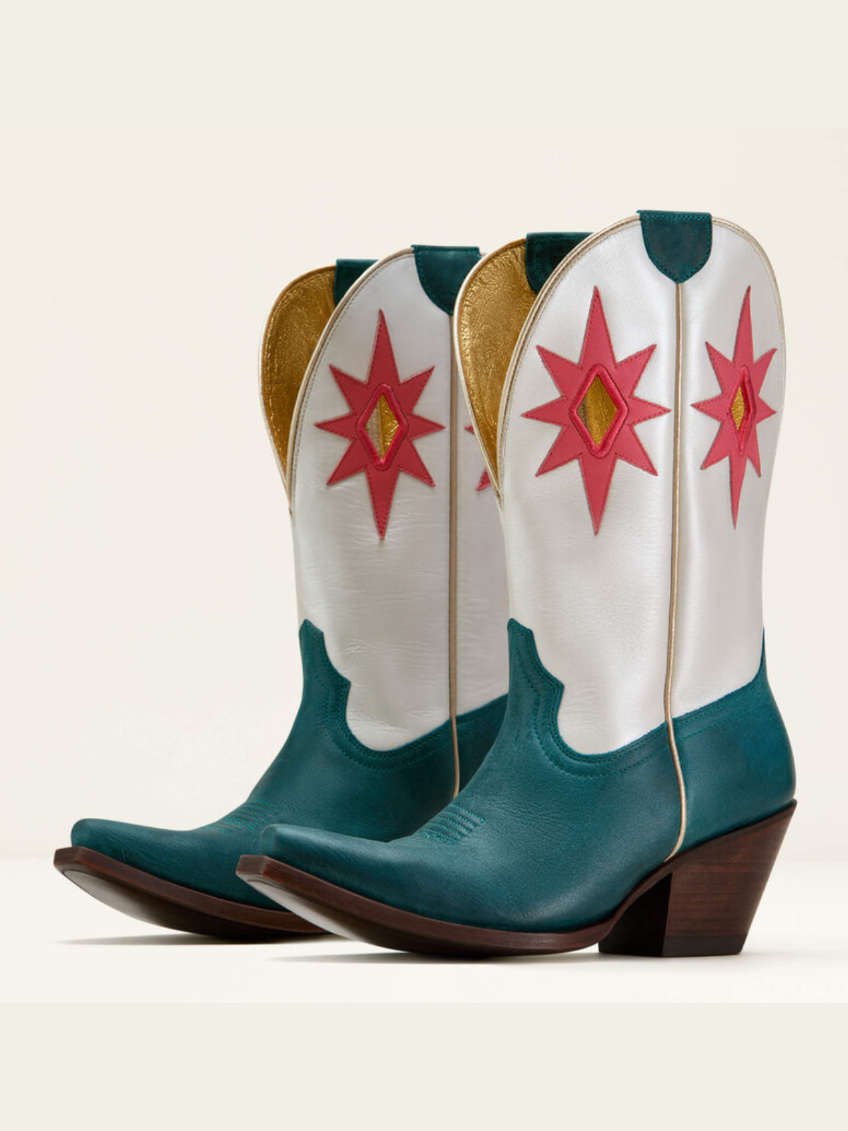 Star Applique Cut-Out Wide Mid Calf Cowgirl Boots - Contrast Turquoise And Ivory