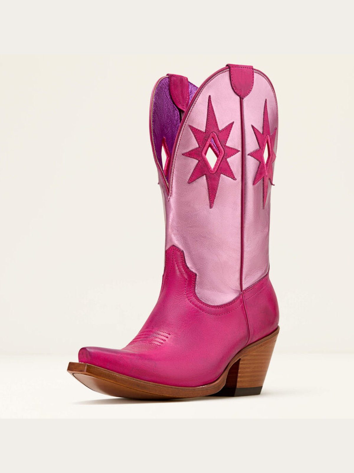 Star Applique Cut-Out Wide Mid Calf Cowgirl Boots - Contrast Pink And Metallic Blush Pink