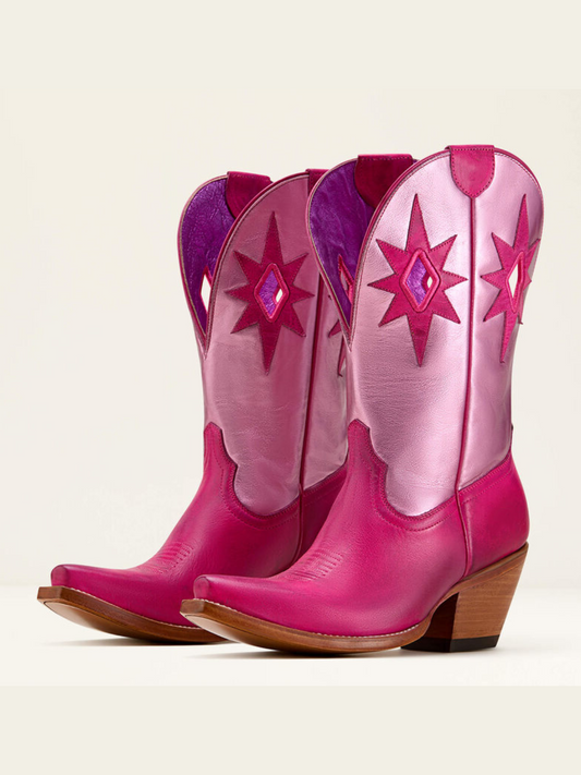 Star Applique Cut-Out Wide Mid Calf Cowgirl Boots - Contrast Pink And Metallic Blush Pink