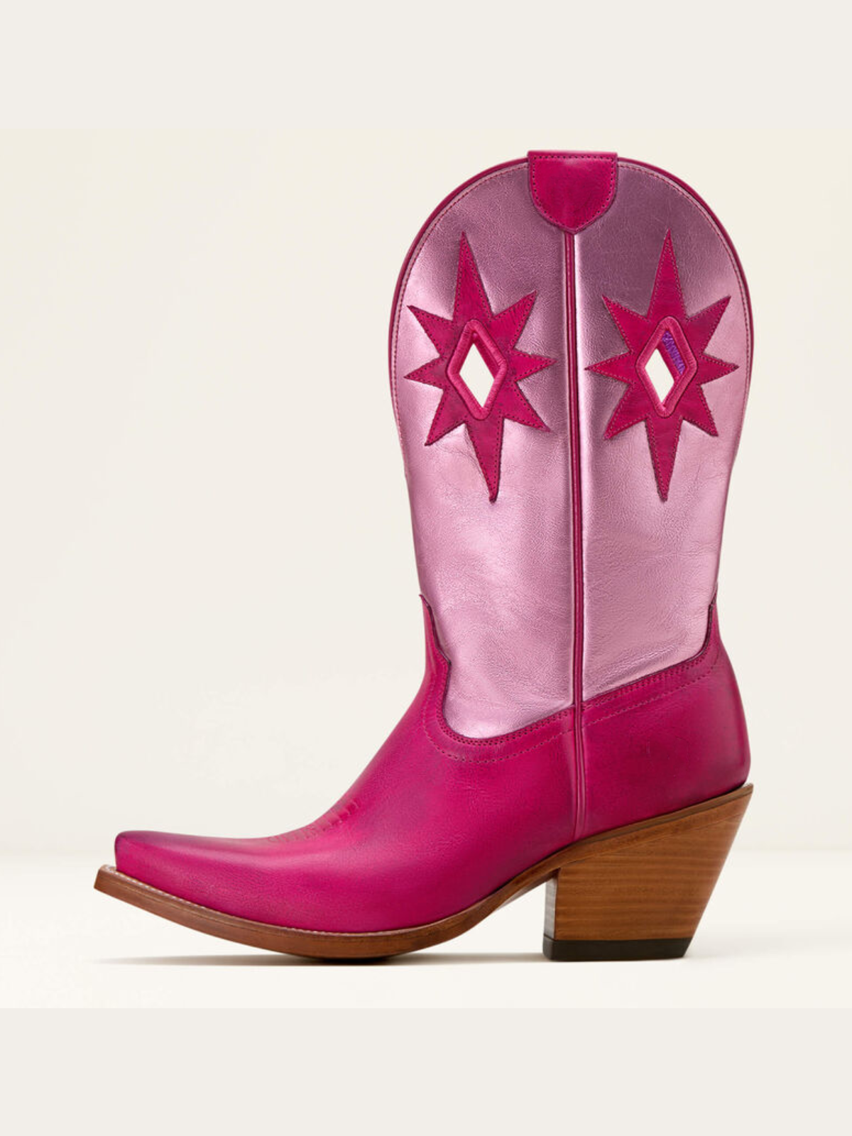 Star Applique Cut-Out Wide Mid Calf Cowgirl Boots - Contrast Pink And Metallic Blush Pink