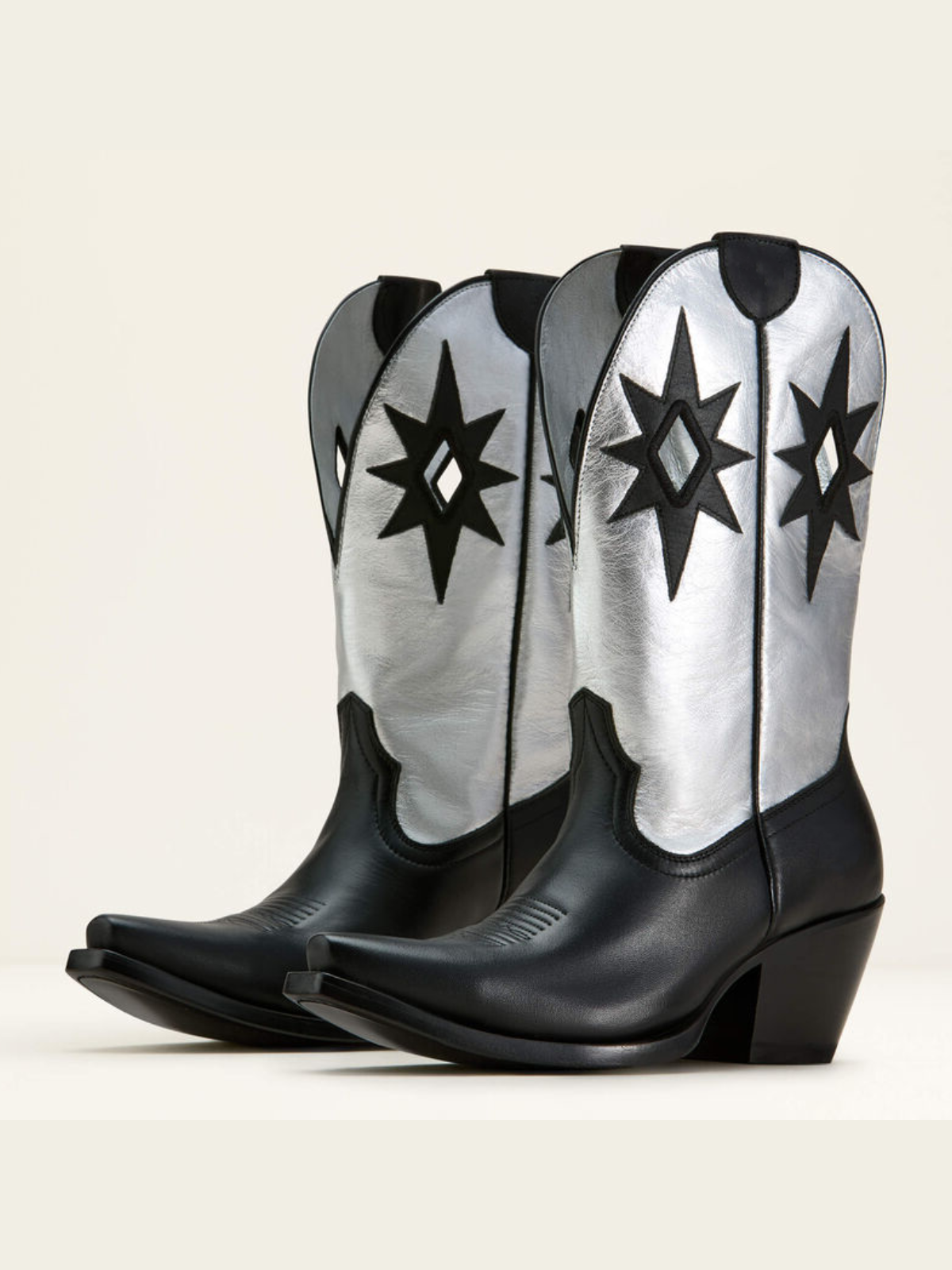 Star Applique Cut-Out Wide Mid Calf Cowgirl Boots - Contrast Black And Metallic Silver