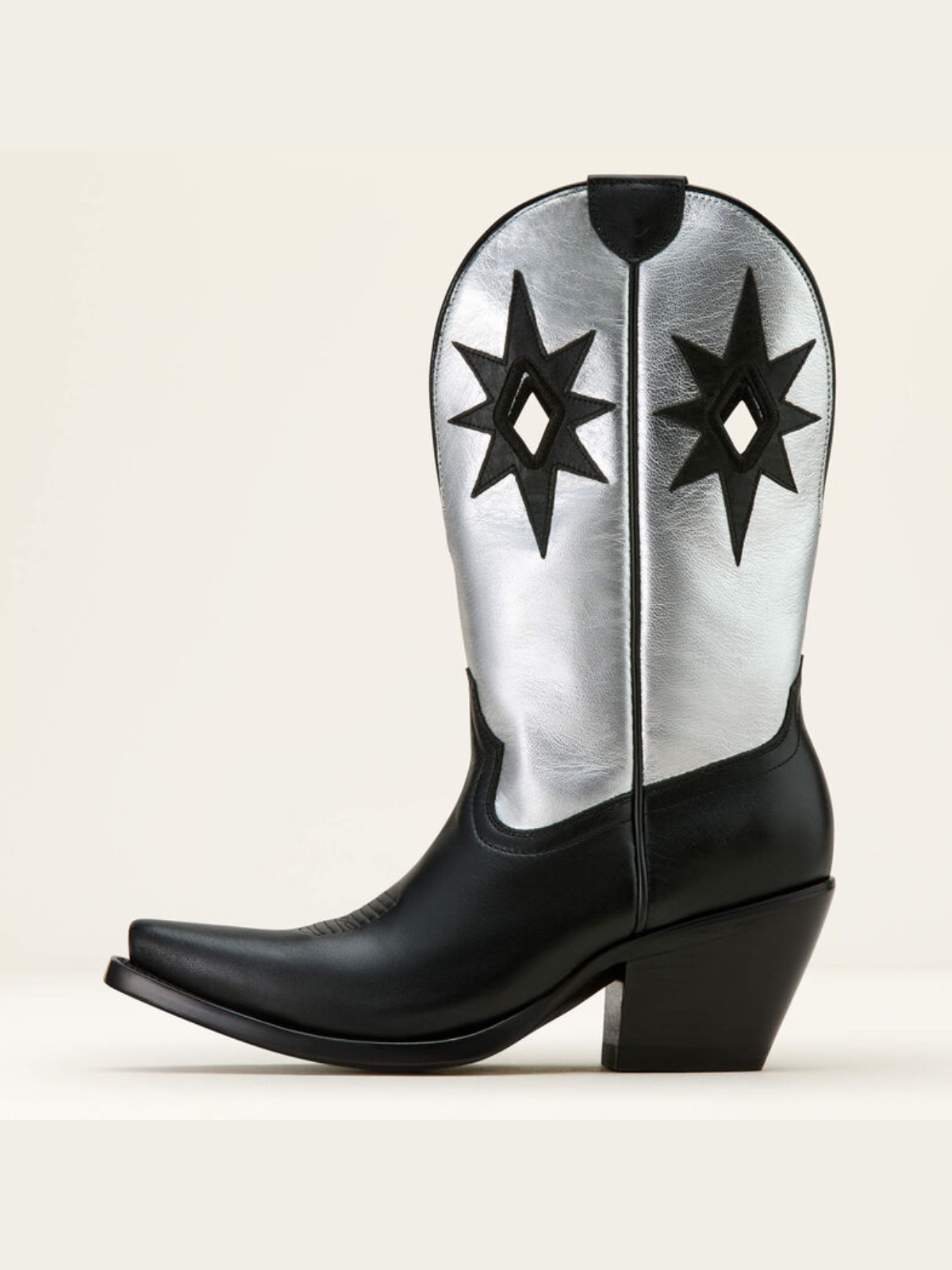 Star Applique Cut-Out Wide Mid Calf Cowgirl Boots - Contrast Black And Metallic Silver