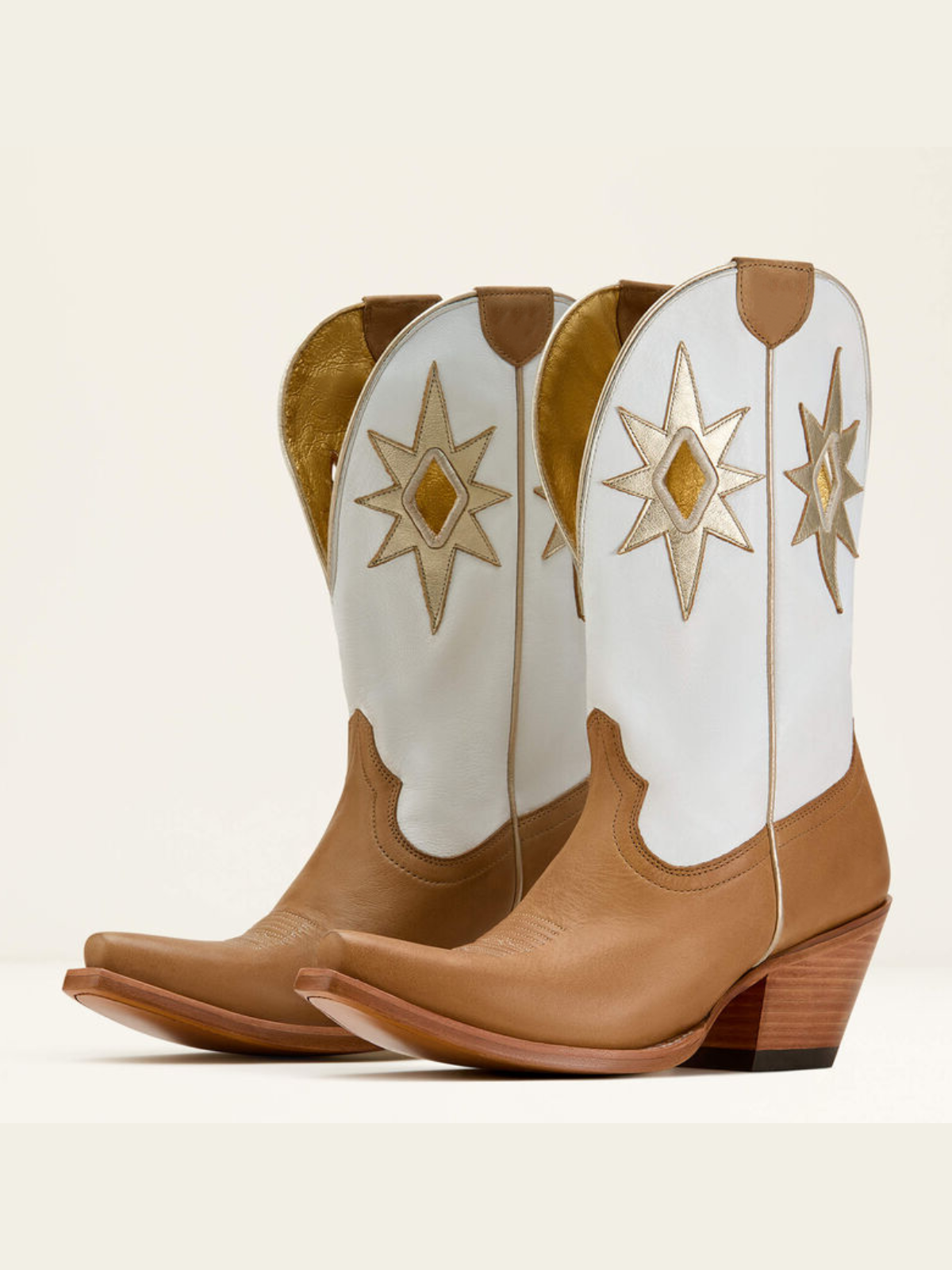 Metallic Star Applique Cut-Out Wide Mid Calf Cowgirl Boots - Contrast Brown And Ivory