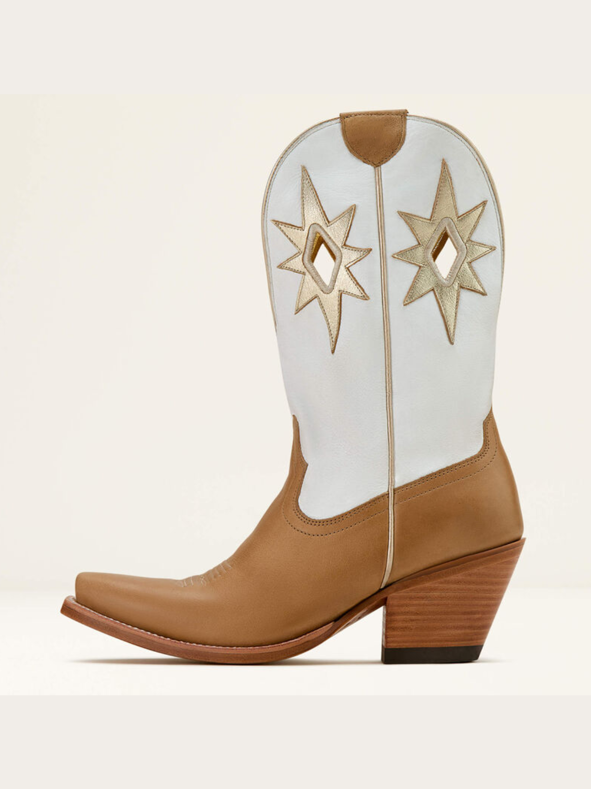 Metallic Star Applique Cut-Out Wide Mid Calf Cowgirl Boots - Contrast Brown And Ivory