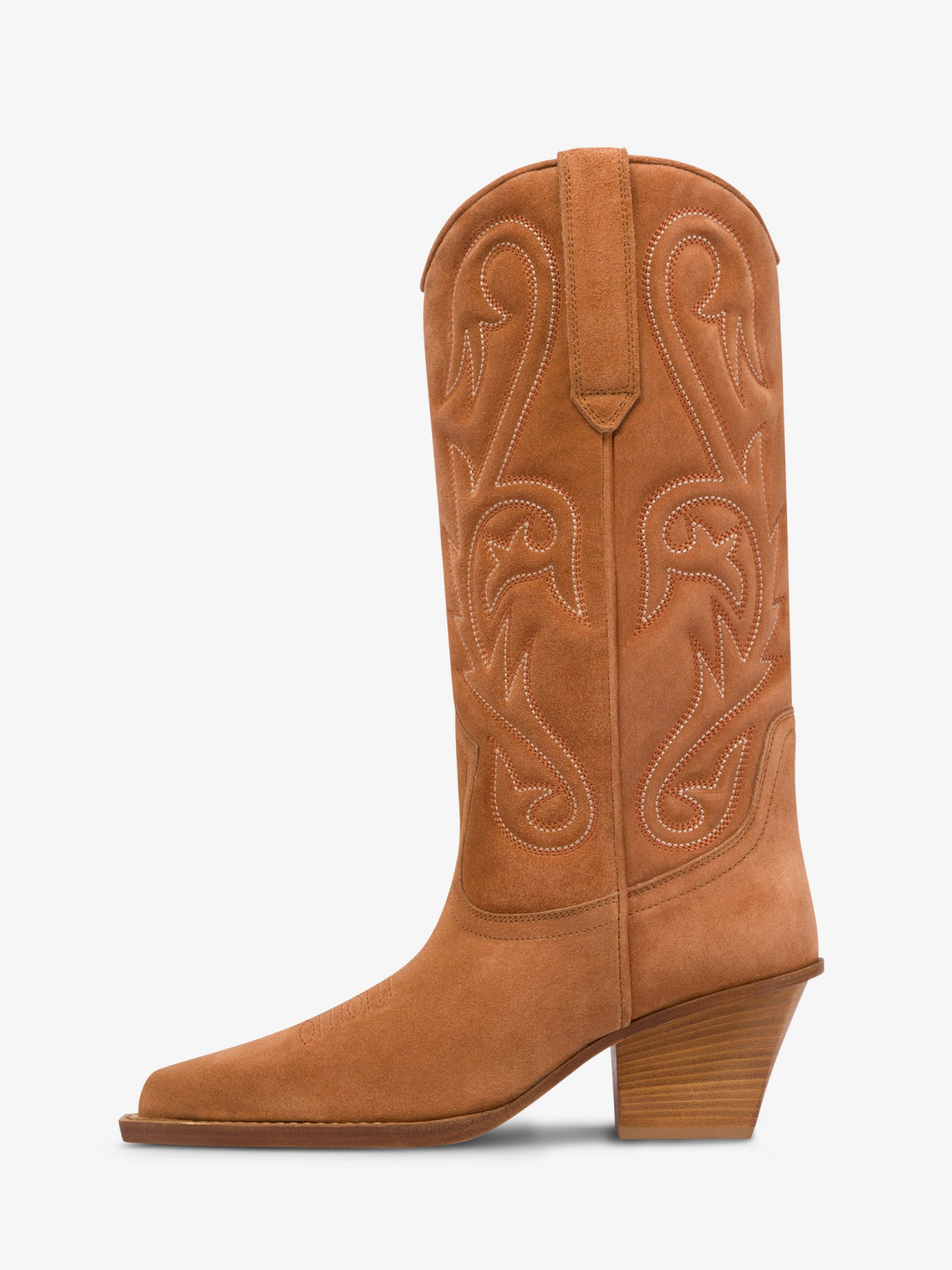 Caramel Faux Suede Snip-Toe Embroidery Wide Mid Calf Cowgirl Boots