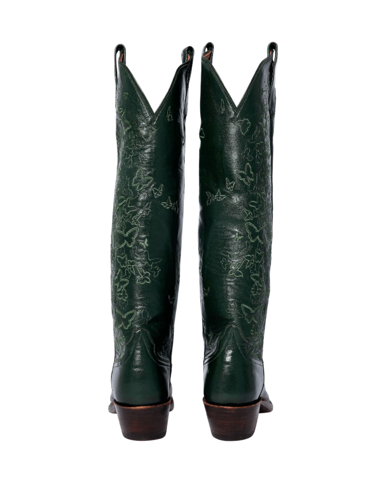 Dark Green Round-Toe Butterfly Embroidery Wide Calf Knee High Tall Cowgirl Boots