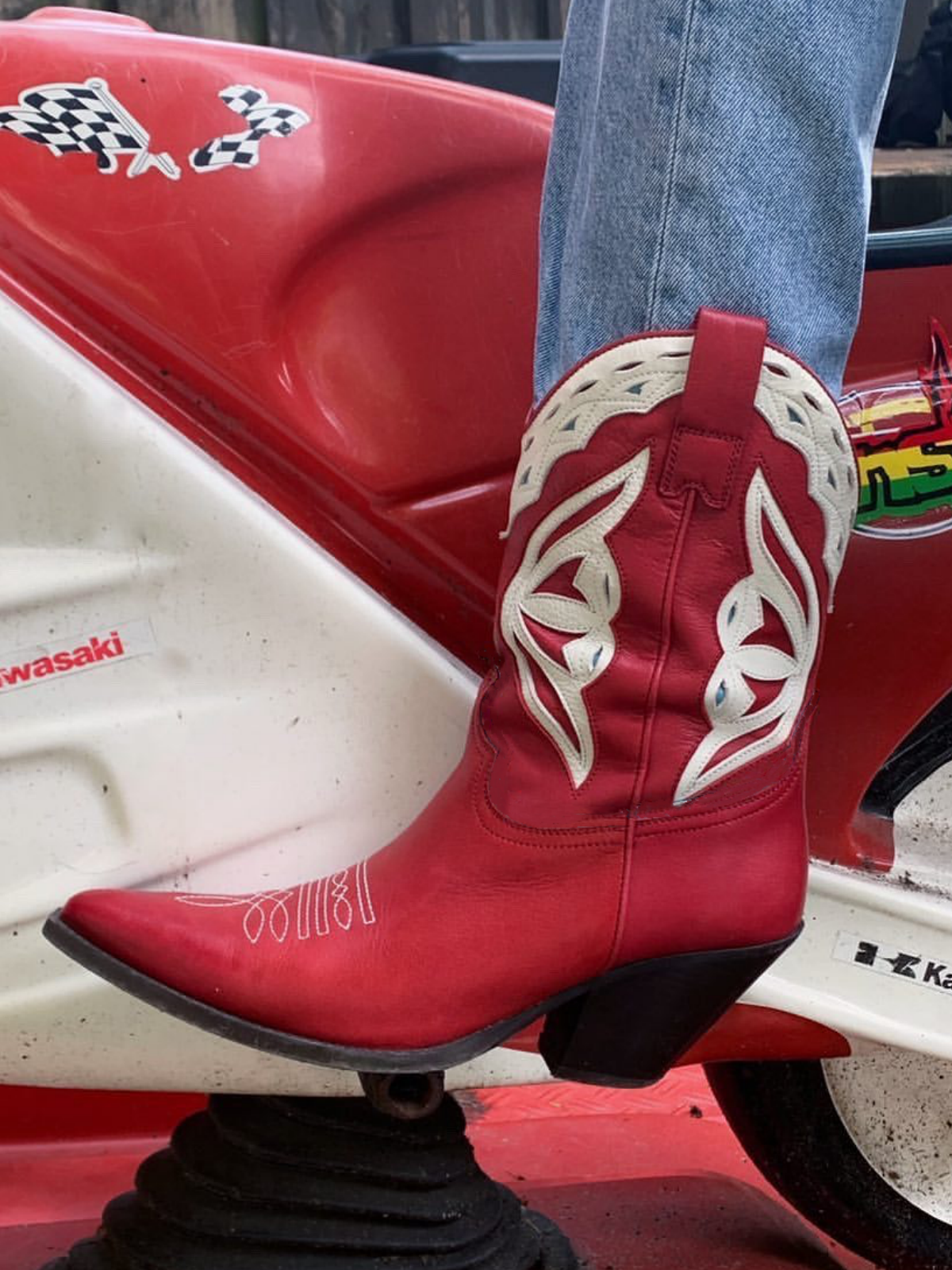 Red Pointed-Toe Ivory Inlay Applique Wide Mid Calf Cowgirl Boots