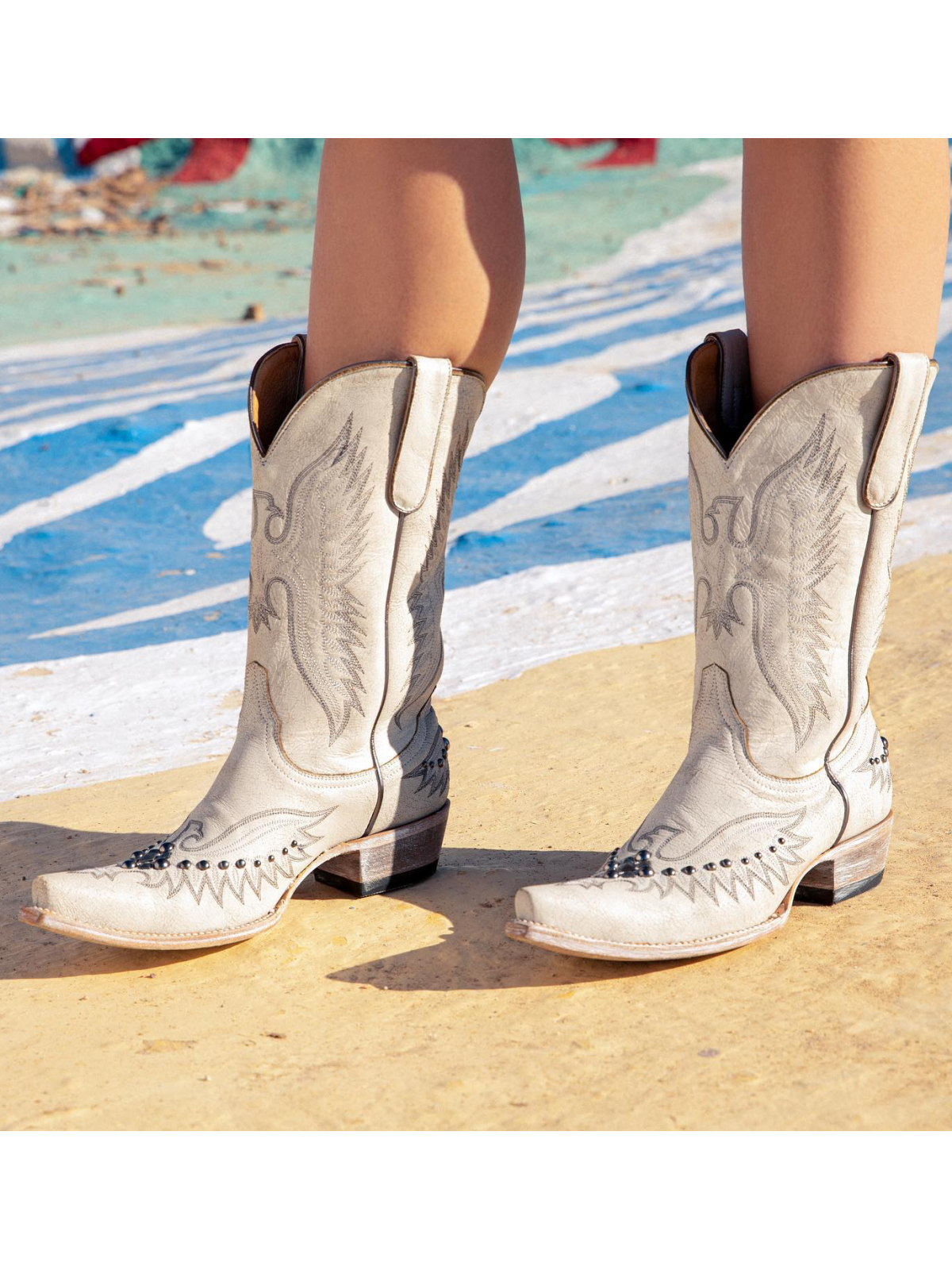 Distressed White Snip-Toe Studded Eagle Embroidery Wide Mid Calf Tall Cowgirl Boots