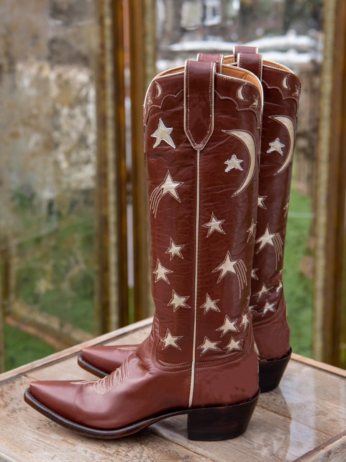 Metallic Moon Star Inlay Applique Mid Calf Cowgirl Tall Boots - Brown / Pale Gold